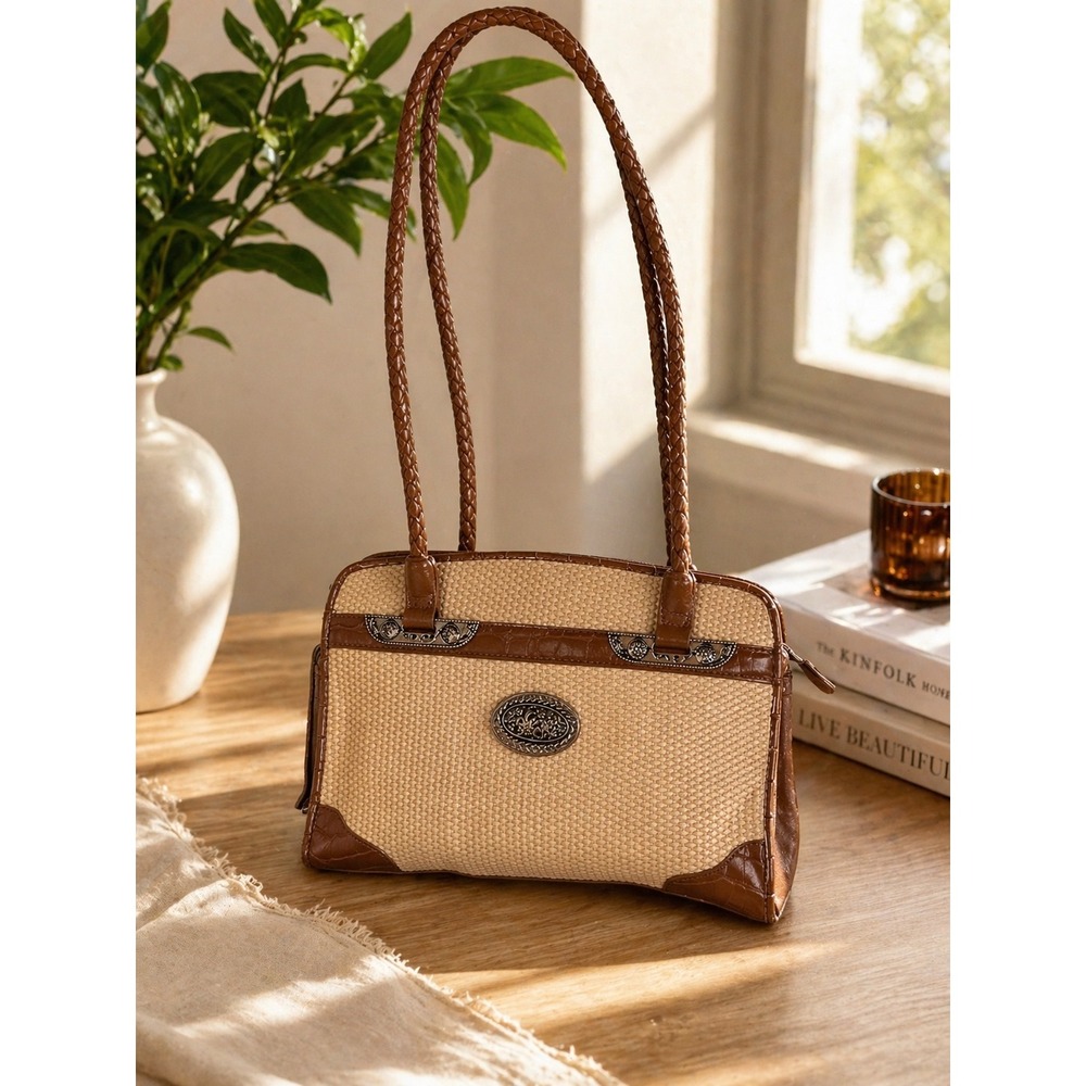 Vintage Brown Woven Straw Shoulder Bag Faux Croc Trim Western Silver Hardware